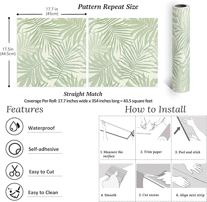 VEELIKE Green Tropical Wallpaper Peel and Stick Boho Palm Leaf Wallpaper for Bedroom Bathroom Walls 17.7''x354'' Self Adhesive Tropical Contact Paper Green Leaf Wall Paper Renter Friendly Removable
