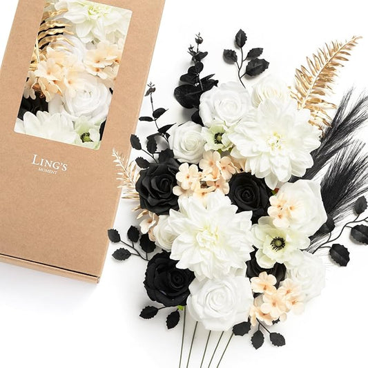 Ling's moment Fake Flowers Box, Faux Artificial Greenery Stems Foam Roses Silk Dahlia Hydrangea Eucalyptus Fabic Flower for Centerpieces Bouquet Wedding Vase, White & Black & Golden, Deluxe Combo