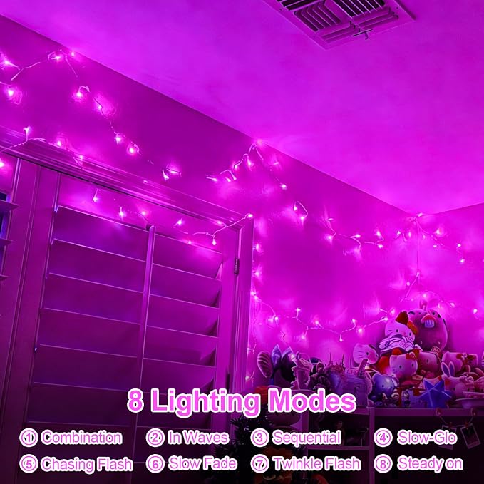 QITONG 2 Pack Battery Operated String Lights, Each 33ft 100 LED Pink Christmas Lights Outdoor Waterproof with Remote, 8 Modes Clear Wire Battery Valentine Day Twinkle Lights Indoor