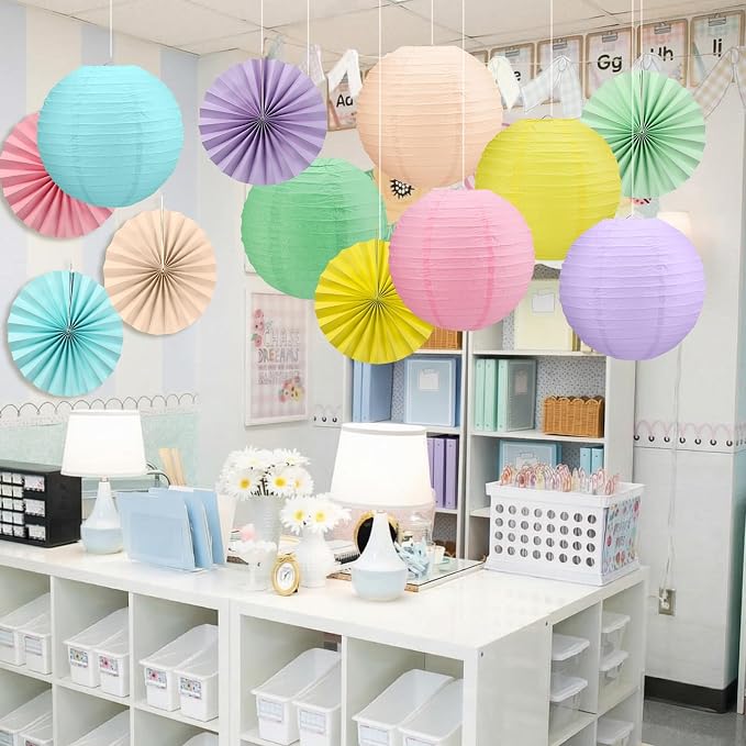 Flutesan Pastel 12 Pcs Classroom Decor Hanging Paper Lanterns and Paper Fans Back to School Party Classroom Ceilings Decor Supplies for Bulletin Board Office Wall Birthday Party Decoration