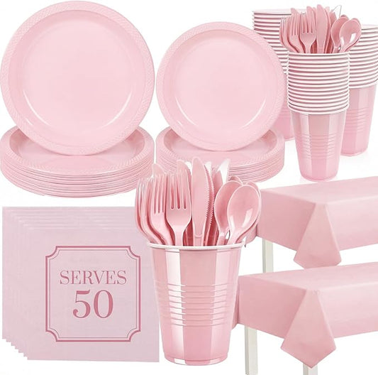352 Pcs Pink Plastic Plates Party Set, 50 Guests Disposable Dinnerware Set with tablecloths Pink Disposable Plates Set for Wedding/Mother's Day/Birthday/Baby Shower
