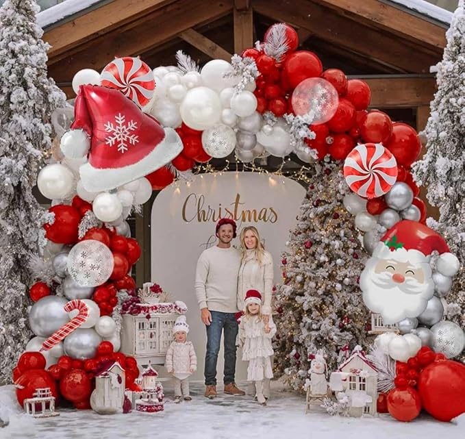 Red White Christmas Balloon Arch Kit, Double Stuffed Ruby Red Pearl White Silver Balloon Garland with Snowflake Latex, Santa Hat Foil Balloons for Winter Xmas Birthday Baby Shower New Year Party Decor