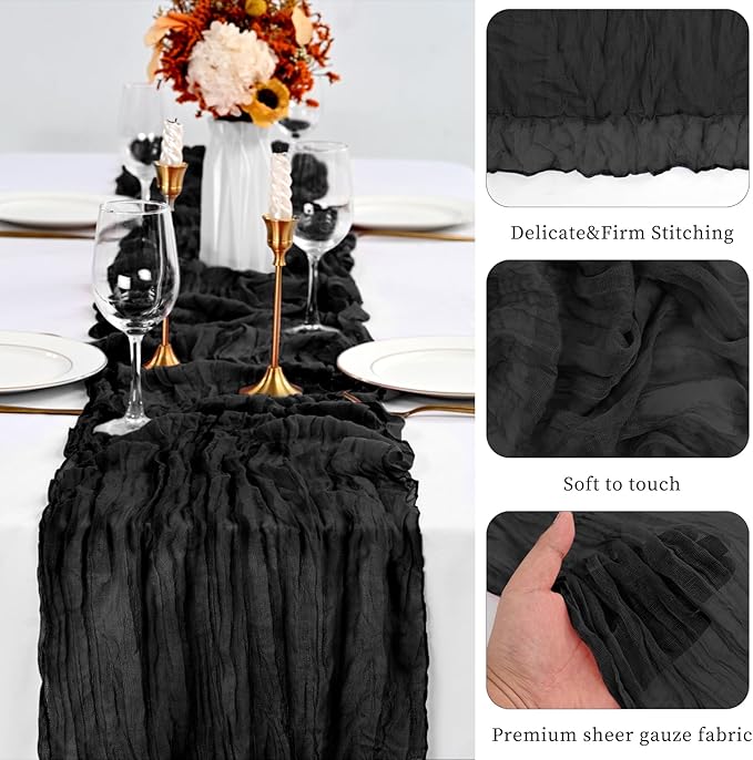 10 Pack Black Table Runner 10Ft Cheesecloth Table Runner Boho Gauze Table Runners Romantic Long Sheer Fabric Cheese Cloth Table Runners for Wedding Party Bridal Shower(Black)