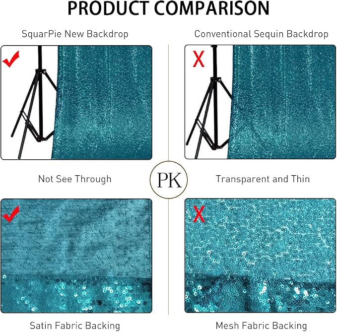 SquarePie 8x8ft Teal Sequin Backdrop for Photography, Satin-Backed Real Sequin Curtain, Enhanced Coverage Shimmering Background with 4" Rod Pocket for Wedding, Birthday, Party Decor, 1 Panel