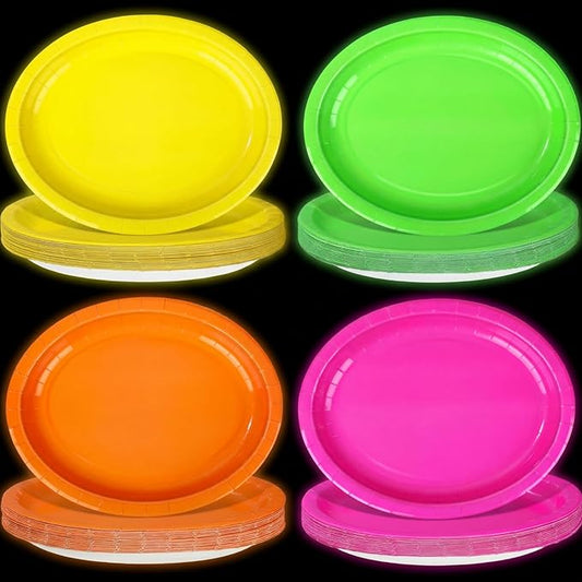 Vesici 100Pcs Neon Paper Plates Glow Party Supplies Oval Heavy Duty Colorful Neon Disposable Dessert Plates Paper Platters Tableware for Baby Shower Wedding Bridal Birthday Party Supplies