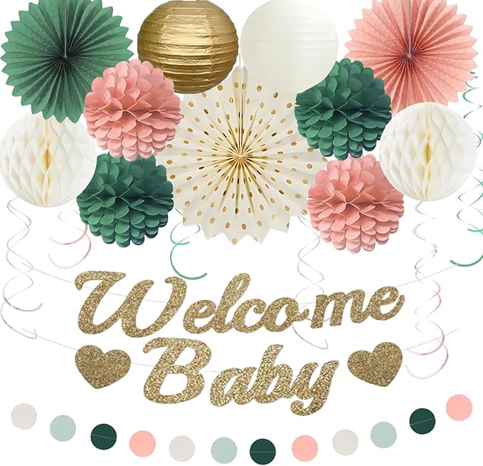 Pink Sage Green Baby Shower Decorations, Welcome Baby Banner with Honeycomb Balls, Paper Flowers, Lanterns, Fans, Circle Garland for Nursery, Gender Reveal Party Decor 19pcs