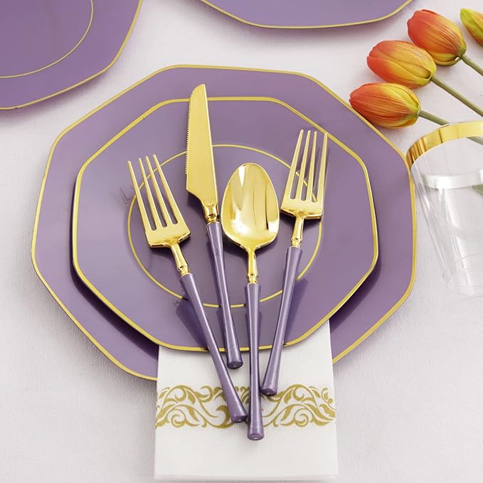 KIRE 140Pcs Purple Plastic Plates with Gold Rim& Gold Disposable Plastic Silverware with Handle&Clear Cups&Hand Napkin- Geometric Purple Plastic Plates for Parties/Wedding