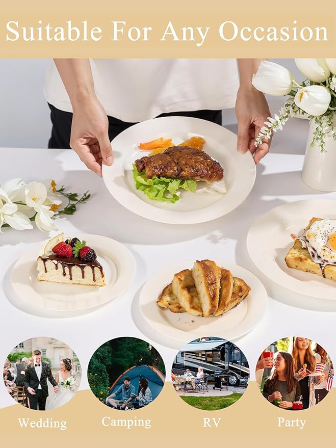 WDF 200PCS Ivory Plastic Plates - Elegant Ivory Disposable Plates for Party- Include 100 Dinner Plate 10inch and 100 Plastic Dessert Plate 7inch Perfect for Party Baby Shower Spring Mother's Day