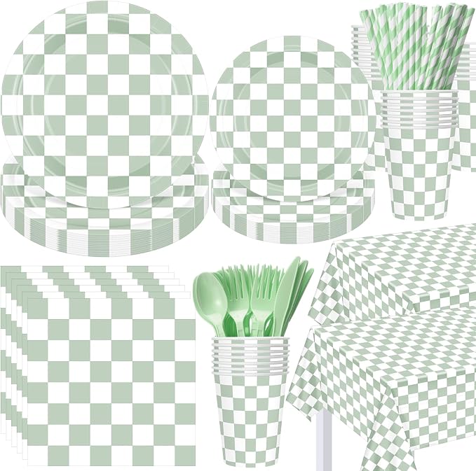 Funnymoom 452 Pcs Sage Green Gingham Party Supplies for 50, Light Green and White Checkered Gingham Paper Plates Napkins Cups Tablecloth Cutlery Straw for Picnic Birthday Baby Shower Decoration