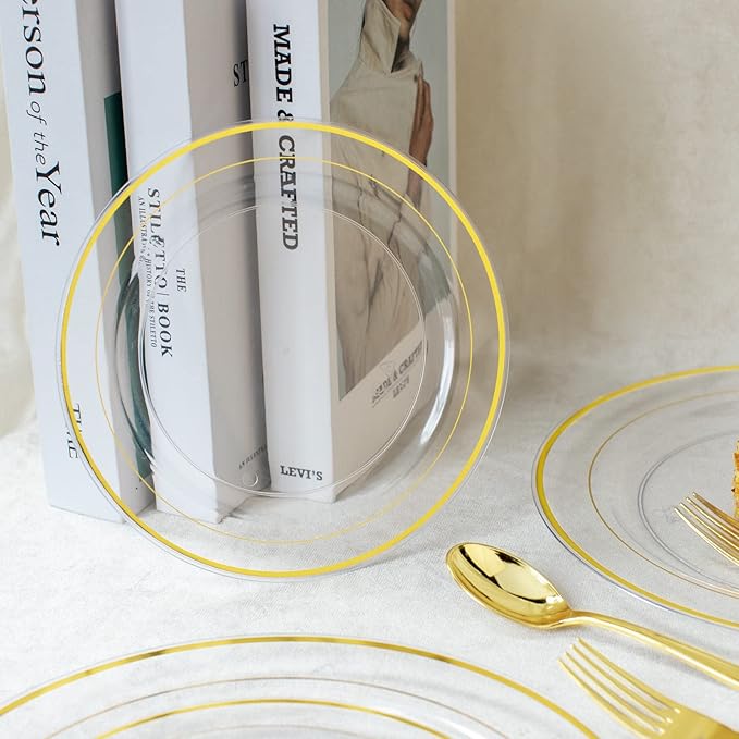 I00000 60 Pcs Clear Gold Plastic Plates, Gold Disposable Plates Includes: 30 Dinner Plate 10.25" and 30 Dessert Plate 7.5 ", Premium Clear Plate Prefect for Wedding and Gold Plates Party/Birthday