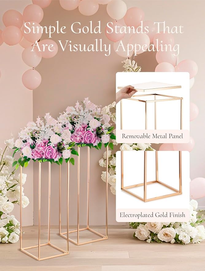 Gold Tall Stand for Wedding: 34.5in, With Metal Panel, Packs of 2 | Columnar Cube Shape, Easy to Assembly, Flowers Cakes Drinks Display Table Centerpieces for Wedding Party Event