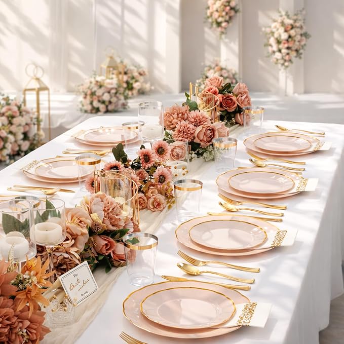 LIYH 350 Pcs Pink Plastic Plates for Party Pink Plastic Dinnerware Set for 50 Guest 100 Disposable Plates 150 Gold Plastic Silverware 50 Gold Cups 50 Napkins Perfect for Wedding Birthday