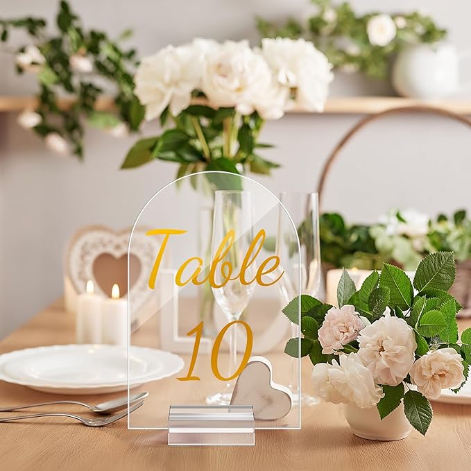 Qunclay 40 Pack 5 x 7 Inch Gold Acrylic Wedding Table Number 1-40 Clear Table Stand with Numbers Calligraphy Number Holders Signs for Wedding Reception Birthday Party Decorations