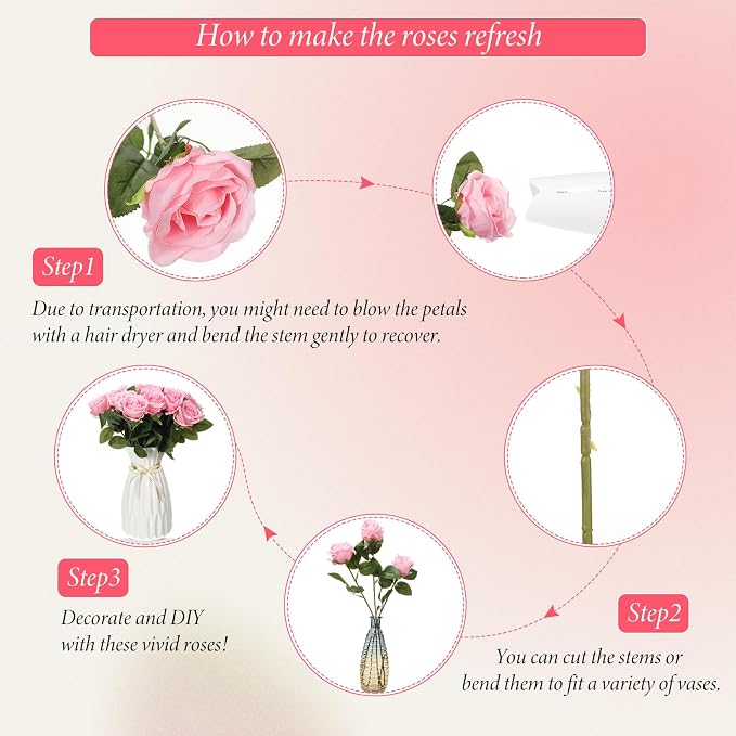 Hotop 20 Pcs Artificial Rose Flowers with Long Stem, Real Lifelike Silk Realistic Plastic Bouquet Roses Bulk for Home Decor Bridal Wedding Party Table Centerpieces Decorations(Pink)