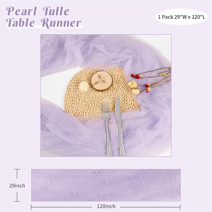 Pearl Table Runner 29 x 120 Inch Tulle Fabric Lace Table Runners for Bridal Shower Birthday Party Wedding Arch Dessert Table Decor(1 Pack, Light Purple)