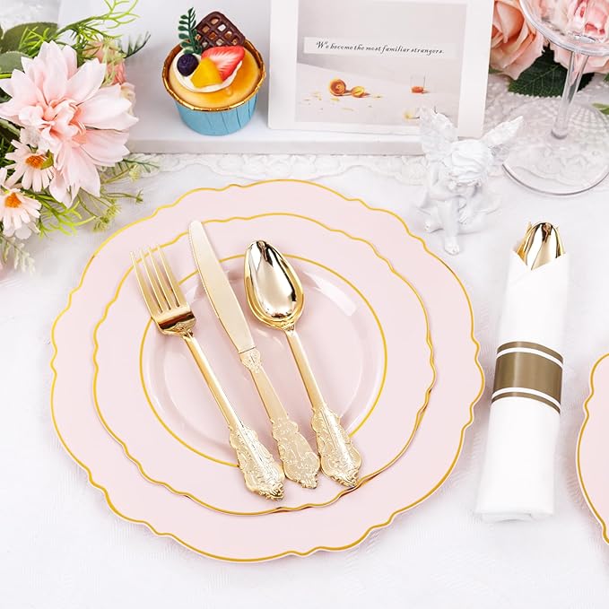 Liacere 175PCS Pink Plates Disposable - Pink and Gold Plates 25guest Baroque Plastic Dinnerware include 150Plates, 25Pack Pre Rolled Napkins with Silverware 25Cups Perfect for Wedding &Mothers Day