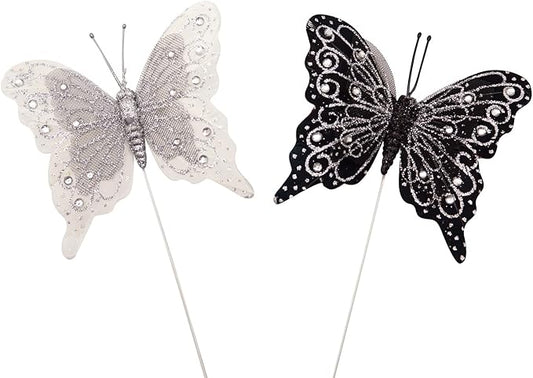 Set of 12 Glitter Monarch Feather Butterflies on Wire for Floral Arrangements and DIY Decorations (Black-White/Silver)