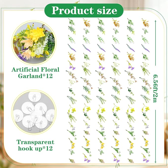 12 Pcs 79.2 ft Wildflower Garland Pre Strung Artificial Hanging Flower Vine Backdrop Decor from Ceiling Floating Reusable Floral Garland with Hook for Summer Wedding Party Bridal Baby Shower