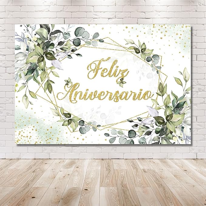 MEHOFOND 7x5ft Feliz Aniversario Backdrop Palm Leaves Happy Anniversary Wedding Valentines Mr and Mrs Background Engagement Party Banner Decorations for Photobooth Props