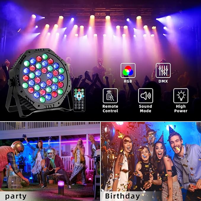 36 LEDs RGB Sound Activated Par Light with Remote DMX Control Uplights for Wedding Party DJ Events Music Dance Church Stage Lighting -3 Pack-（DJ - Disco Lights）