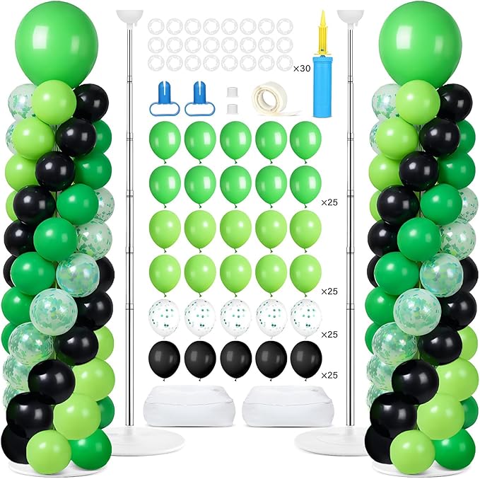 2 Sets Green and Black Balloon Column Stand Kit with 102 Balloons Adjustable Balloon Tower Stand with Bases for Floor Confetti Balloons Column Kit for Graduation Birthday Appreciation Party Decor
