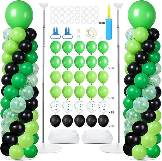 2 Sets Green and Black Balloon Column Stand Kit with 102 Balloons Adjustable Balloon Tower Stand with Bases for Floor Confetti Balloons Column Kit for Graduation Birthday Appreciation Party Decor