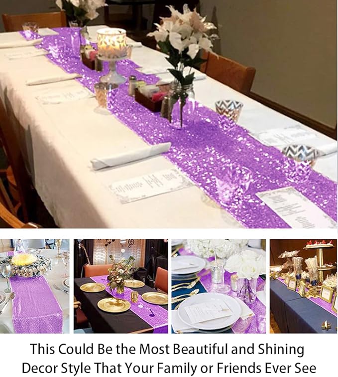 ShinyBeauty Lavender Table Runners Pack of 10 12" x 108" Sequined Table Runner- Glitter Fabric Light Purple Wedding Runner Party Supplies Shiny Table Decorations for Anniversary Birthday