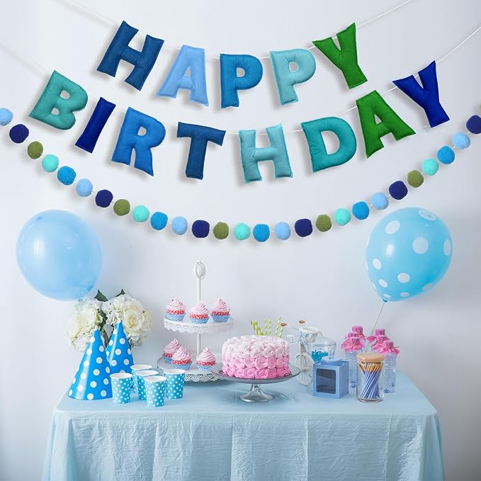 Mindsoft 2 Pcs 9.83ft Pre Strung 3D Happy Birthday Felt Fabric Banner with Ball Garland Reusable Pom Pom Garland for Birthday Party Decorations Sign Photo Prop Boys Girls(Ocean Color)