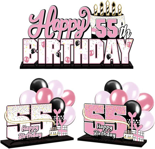 LINGTEER Happy 55th Birthday Pink Acrylic Table Topper Centerpieces Set - Cheers to 55 Years Old Birthday 55th Bday Party Gift Decorations.