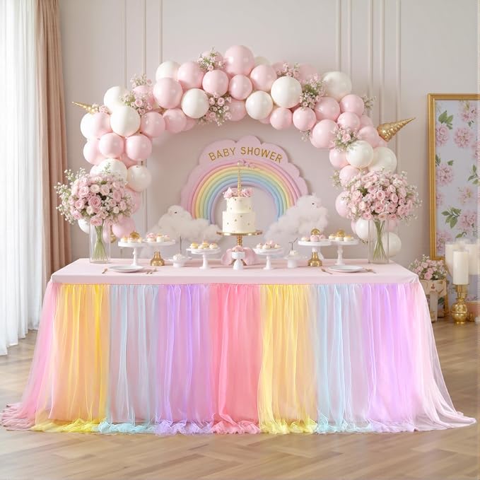 6 Pack 6ft Rainbow Tulle Tablecloths for Rectangle Tables, 6 Foot Rainbow Rectangular Table Cloth Wrinkle Free Tablecover with Tutu Skirt for Baby Shower Girls Birthday Party Banquet Buffet Cake