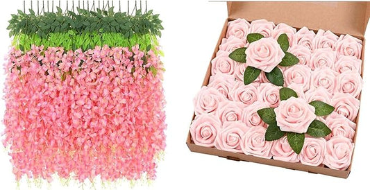 BLEUM CADE 36 Pcs Deep Pink Wisteria Hanging Flowers, 3.6Ft/Pcs Fake Wisteria Flowers, and 36Pcs Artificial Flowers Fake Roses with Stems