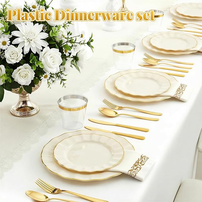 Glowserve 175 Piece Disposable Plastic Plates Dinnerware Set for 25 Guests | 50 Plastic Plates,25 Silverware Set,25 Cups and Napkins,Party Wedding Birthday,Family Gathering,Fancy Plastic Plates