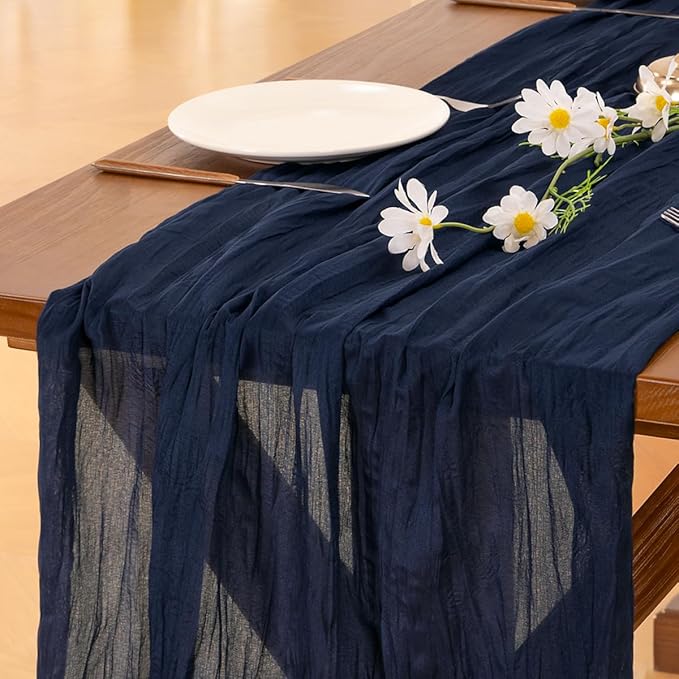 Socomi 2pcs Navy Blue Easter Spring Cheesecloth Table Runner Boho Rustic Gauze 120 inch 10FT Cheese Cloth Runner for Wedding Party Baby Shower Birthday Home Decor Holiday Decorations