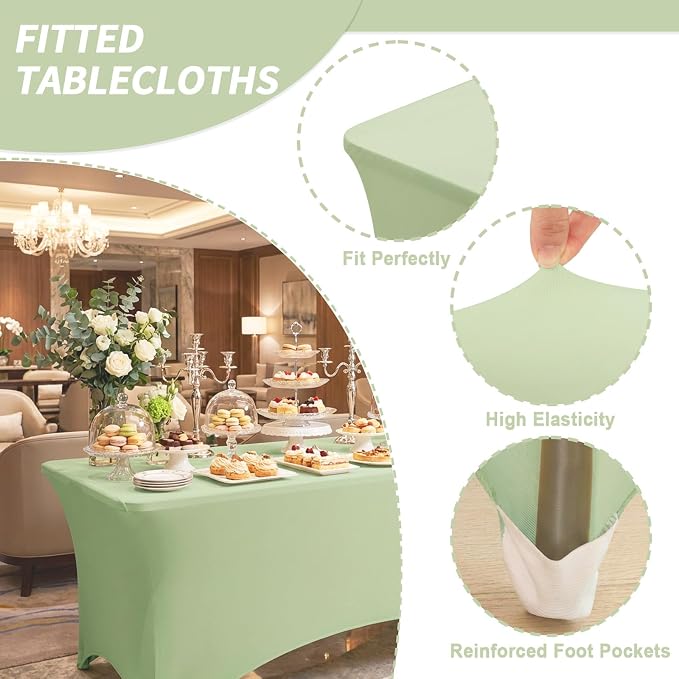 Fixwal 3 Pack Sage Green Tablecloth Rectangle 6Ft, Stretch Spandex Fitted Table Cover for Party, Trade Show, Wedding, Buffet, Graduation, Vendor Stand
