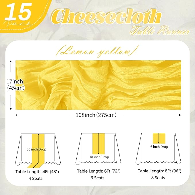 15 Pack Lemon Yellow Cheesecloth Table Runner 17 x 108 inch Cheese Cloth Table Runners 9ft Yellow Table Runner Rustic Romantic Sheer Gauze Runner for Wedding Party Baby Shower Table Decoration