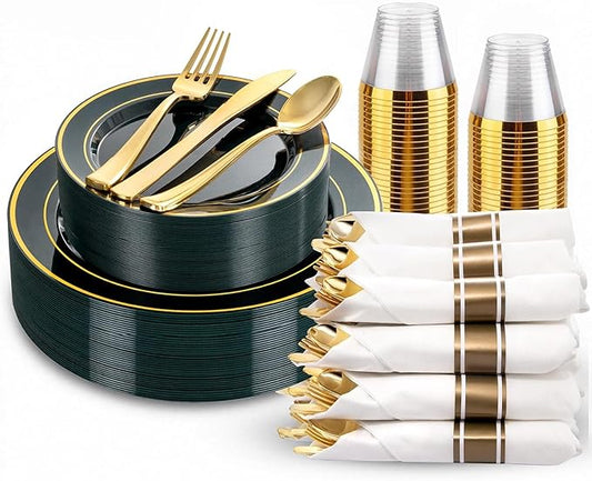 WDF Partyware 175PCS Green Plastic Plates - Green and Gold Disposable Plates 25Guests Plastic Plates with Rolled Napkins for Birthday/Party/Wedding