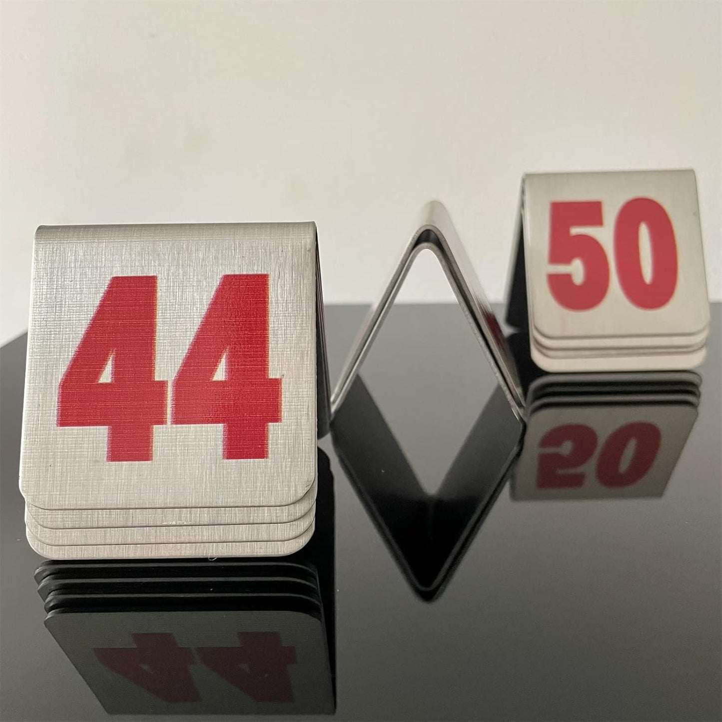 10 Pcs Metal Place Cards Stackable Tent Style Table Numbers，Place Card Holders for Celebration Wedding Party Restaurants Cafes Bars Gatherings meeting Room Board Game Serial (Small 41-50, Red)