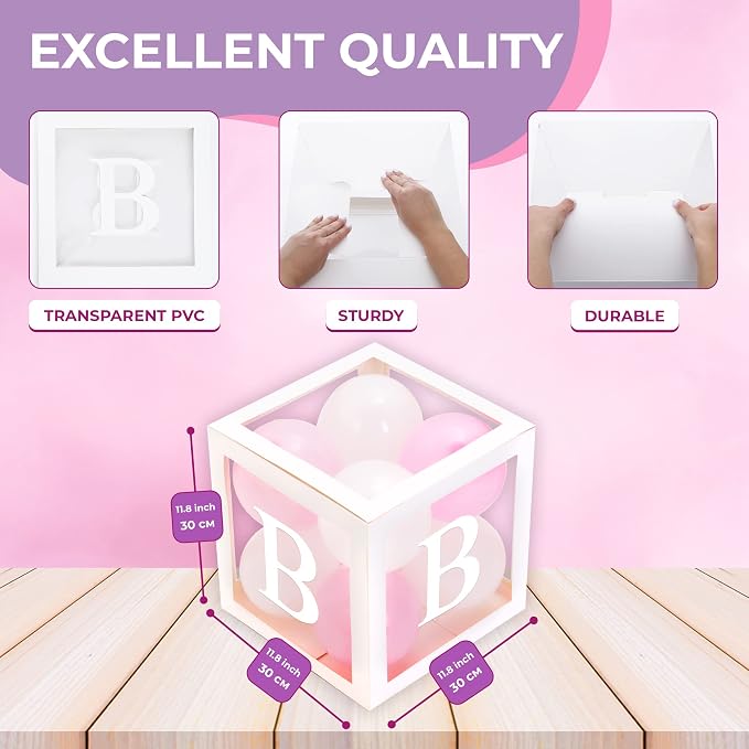 44-Piece Baby Shower Decorations for Boy or Girl - 4 Boxes with Letters and 32 Balloons - Classic White and Pink - Gender Reveal Party Supplies - Photo Shoot Backdrop Prop