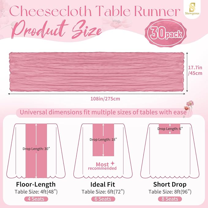 30 Pack Dusty Rose Cheesecloth Table Runner 17 x 108 inch Boho Gauze Table Runner Rustic Sheer Cheese Cloth Table Decorations for Wedding Party Baby Bridal Shower Birthday Holiday Home