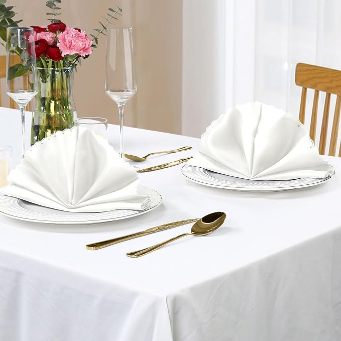 Homiest 100 Pack White Satin Napkins - 17x17 Inches Scalloped Square Dinner Napkins for Wedding, Restaurant, Banquet & Party