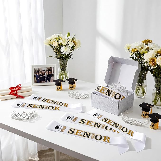 Janinka 6 Pcs Senior Sash 2026 Graduation Satin Sash with Glitter Letter Silver Crown Tiaras Cheer 2026 Gifts for Graduation Party Cheerleader Prom Photos Celebration(Black)