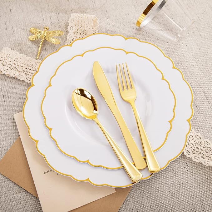 Morejoy 175PCS Gold Plastic Plates，White Gold Disposable Plates with Pre Rolled Napkins:25 Dinner Plates,25 Dessert Plates,25 Spoons,25 Forks,25Knives,25Cups,25Napkins for Party & Mother's Day