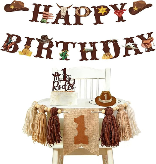 Western Cowboy 1st Birthday Decorations Boy-My First Rodeo Felt Birthday Banner Western Rodeo First Birthday High Chair Banner With Rodeo Cake Topper & Cowboy Hat，Cowboy First Birthday Decorations