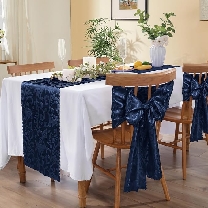 MILVOWOC 4 Pack Navy Blue Damask Table Runner, 12 x 72 Inch Satin Jacquard Rectangle Decorative Table Runner for Party Banquet Birthday Dinner Wedding Table Decor
