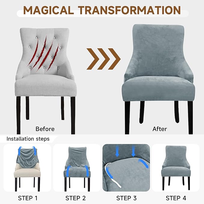 Velvet Wingback Dining Chair Cover Soft Stretch Accent Chair Cover Slipcover Thick Plush Wing Back Chairs Covers Furniture Protect Washable Chairs Protector Covers for Dining Room (Silver Grey, 2)