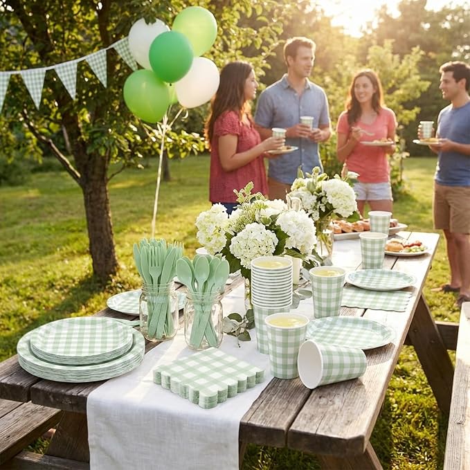 LINHAXM 175 Pcs Sage Green Gingham Party Supplies, Green Gingham Paper Plates, Cups, Napkins, Cutlery for Wedding Bridal Showe Birthday Baby Shower Party Decorations, Serves 25