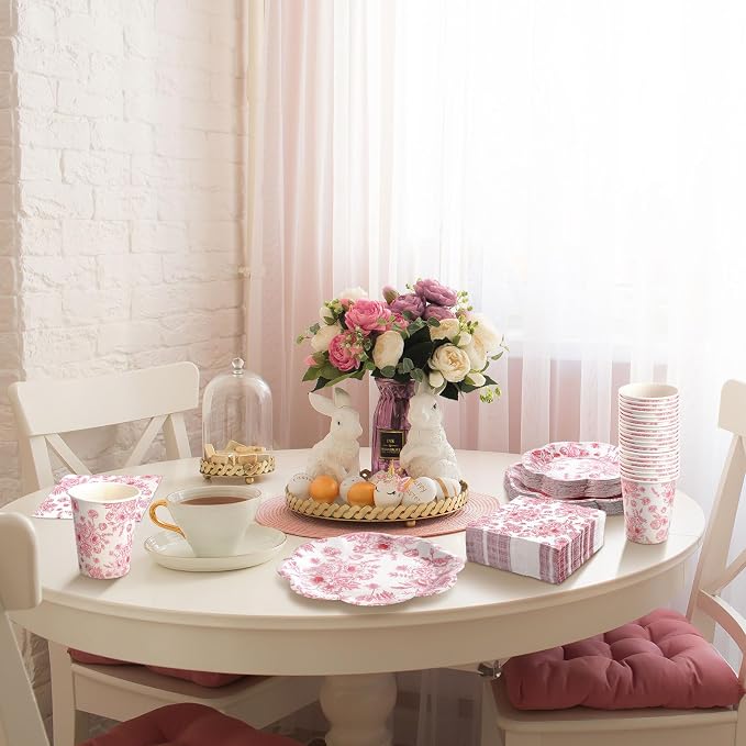 Newtay 250 Pcs Pink Floral Disposable Plates and Napkins Pink and White Floral Tableware Set for 50 Guests Disposable Paper Plates Napkins Cups for Wedding Bridal Shower Party Supplies