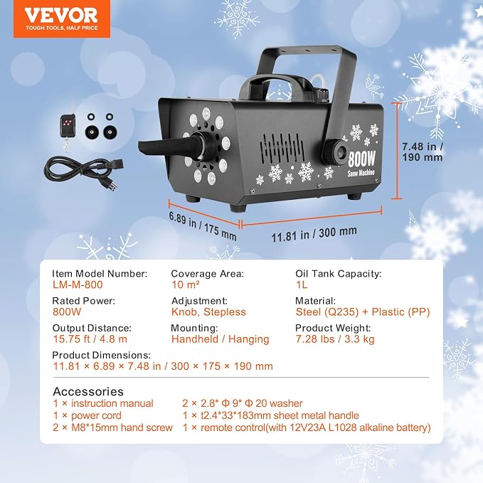 VEVOR Snow Machine, 800W Snow Making Machine with 9 LED RGB Lights and Remote Control, High Output Snowflake Maker Stage Snow Effect for Christmas, Halloween, Wedding, DJ Parties and Valentine's Day