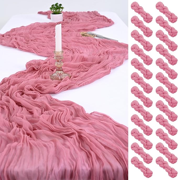 24 Pack Dusty Rose Cheesecloth Table Runner,10FT Boho Gauze Table Runner,35x120inch Rustic Table Runners for Wedding Party Bridal Shower Thanksgiving Christmas Boho Table Decoration