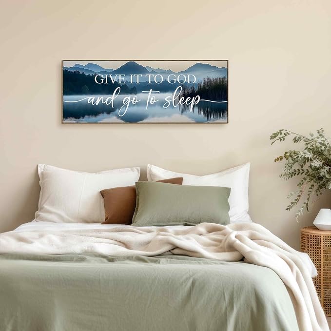 TLESKE Give It to God and Go to Sleep Sign Large Wall Art Decor Framed 15x40, Above Bed Over Bed Canvas Wall Art Decor Print for Bedroom, Boho Mountains Bedroom Signs Wall Artwork Picture
